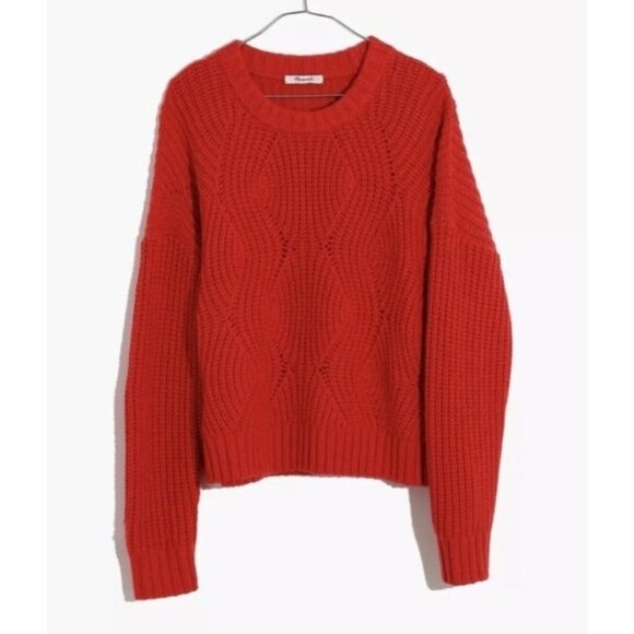 Madewell Cable Knit Sweater Womens Small Red Crewneck Alpaca Wool Blend Pullover - Picture 1 of 13